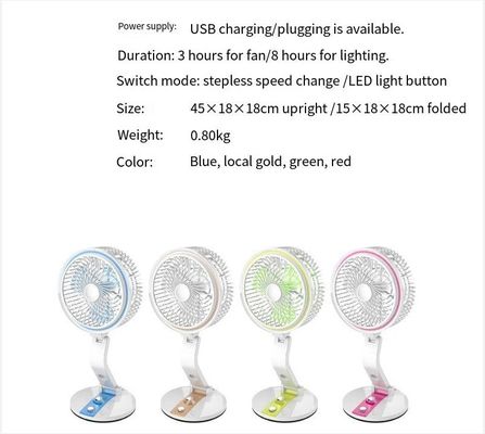 Mesa recarregável vermelha Espaço pessoal USB Mini Ventilador portátil com luz LED para escritório em casa