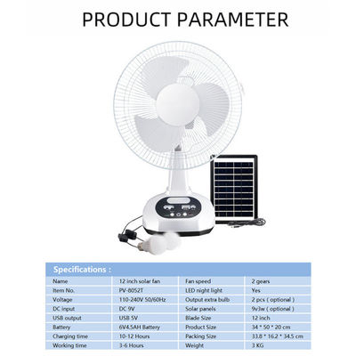 Ventilador solar recarregável de 12 polegadas com bateria e 2 lâmpadas LED Solução sustentável
